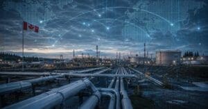 Oil refinery with extensive pipelines and storage tanks at dusk, overlaid by a digital world map and network lines suggesting global connectivity.